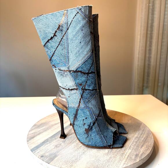 Gianmarco Lorenzi Women's Distressed Denim Boots Heels EU Size 39 US Size 8.5 - Picture 2 of 13